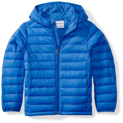 Amazon Essentials Big Boys' Lightweight Water-Resistant Packable Hooded Puffer Jacket, Royal Blue, Medium