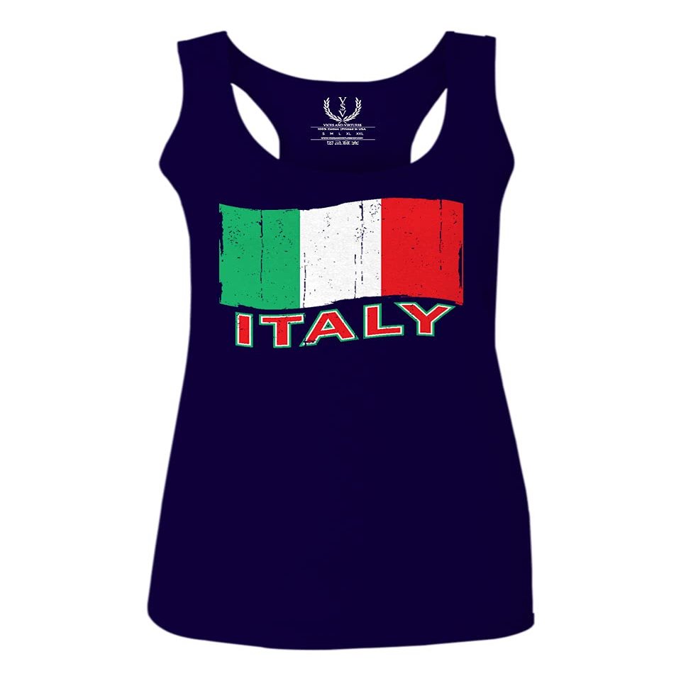 0039. Italia Vintage Distressed Italy Italian National Flag Women's Tank Top Racerback (Navy Blue, Large)