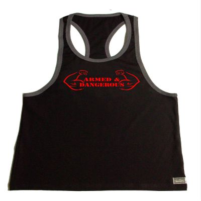 Fitted Stringer Hardcore Bodybuilder Tank Top with Red Armed and Dangerous