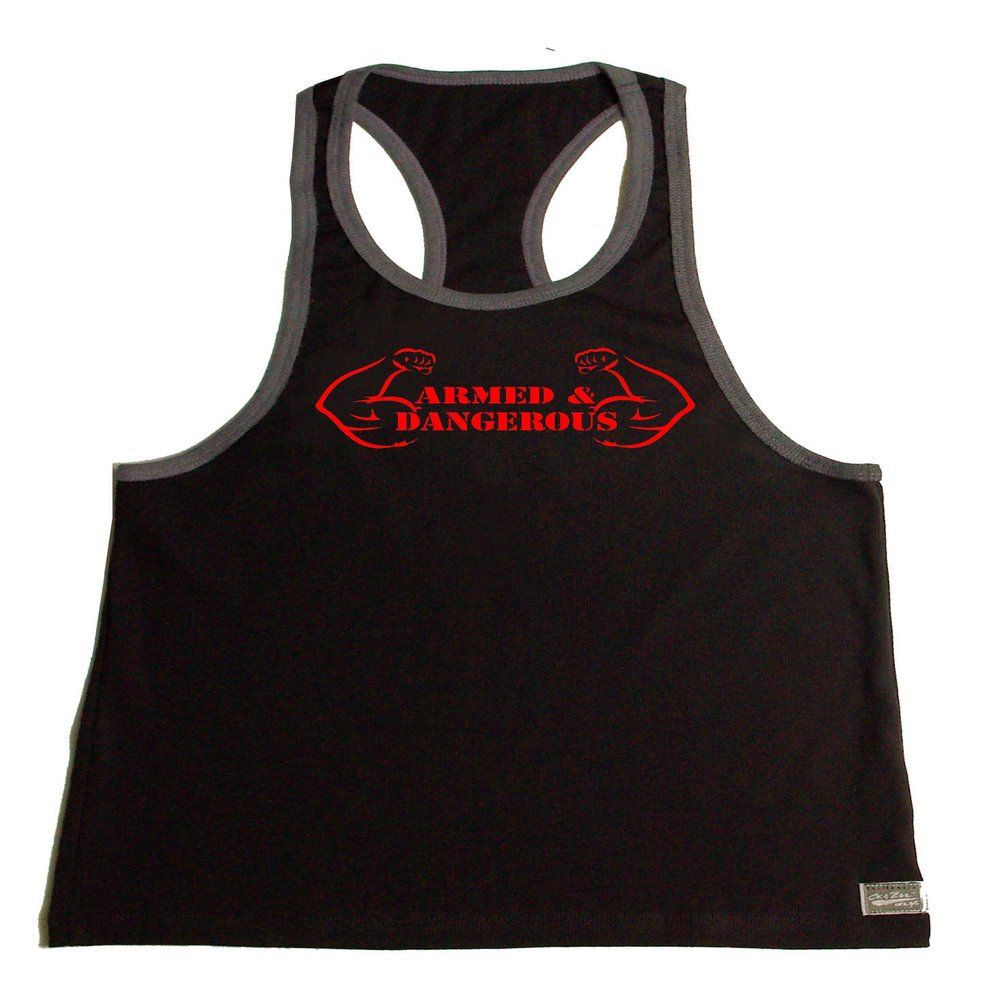 Fitted Stringer Hardcore Bodybuilder Tank Top with Red Armed and Dangerous