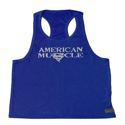 Fitted Blue Stringer Hardcore Bodybuilder Tank Top With Grey American Muscle Design