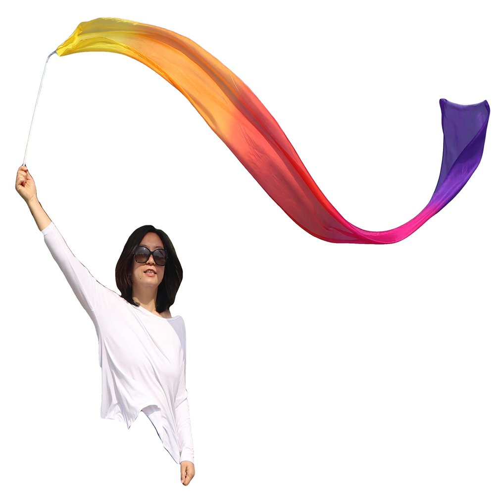 Winged Sirenny 98" Hand Painted Flowy Silk Ribbon Streamer with Rods, Church Liturgical Praise, Worship Adoration Dance Ribbon Banner (Yellow-Orange-red-Pink-Purple)