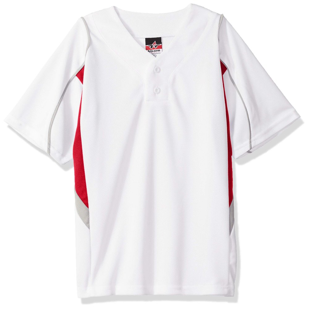 Alleson Athletic Boys Youth Baseball Jersey, White/Scarlet/Grey, X-Large