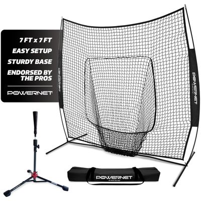 PowerNet Baseball Softball Practice Net 7x7 with Baseball Accessories for Practice Pitching, Batting & Fielding, Ball Caddy, Weighted Baseballs, Tee (Black 7x7 Net & Tee)