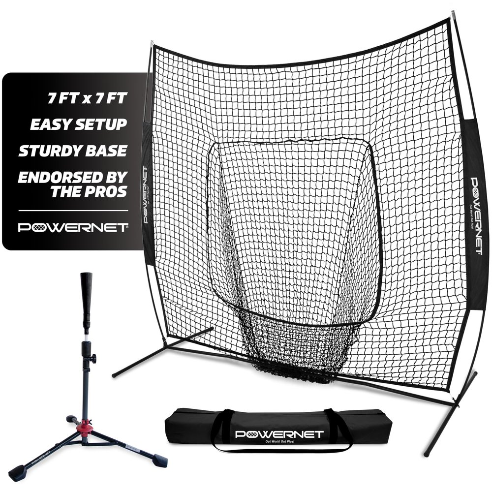 PowerNet Baseball Softball Practice Net 7x7 with Baseball Accessories for Practice Pitching, Batting & Fielding, Ball Caddy, Weighted Baseballs, Tee (Black 7x7 Net & Tee)
