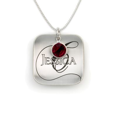 AJ's Collection Domed Square Name Like No Other Personalized with Crystal Birthstone Necklace. 925 Pendant Showcases a Name and Monogramm Initial. Includes a choice of 925 Chain.