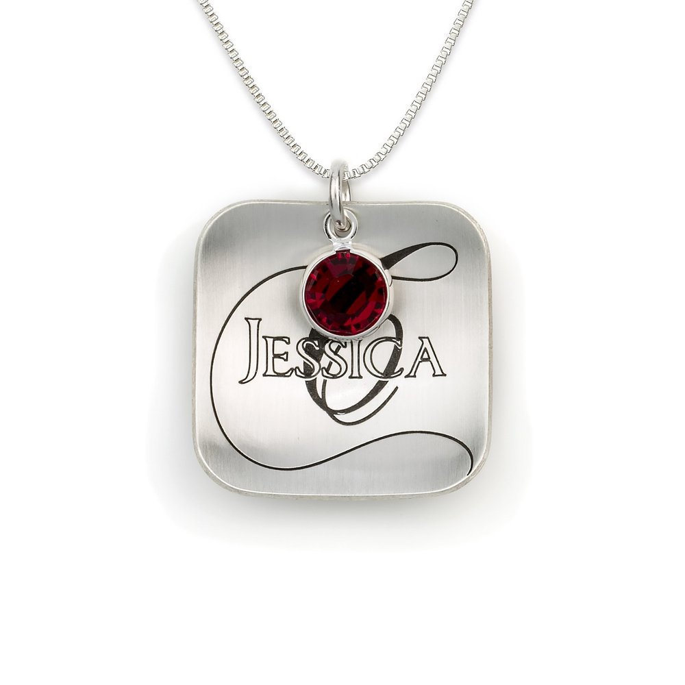 AJ's Collection Domed Square Name Like No Other Personalized with Crystal Birthstone Necklace. 925 Pendant Showcases a Name and Monogramm Initial. Includes a choice of 925 Chain.