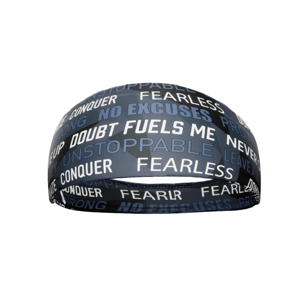 Unisex Headband/Sweatband. Best for Sports, Fitness, Working Out, Yoga. Tapered Design. (Black Motivational)