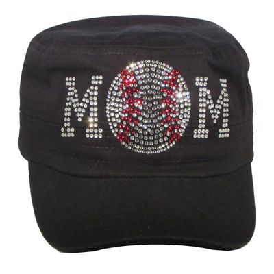 Altis Apparel Bling Rhinestone Baseball Mom Black Cadet Cap Hat Sports Military (Baseball Mom Cadet)