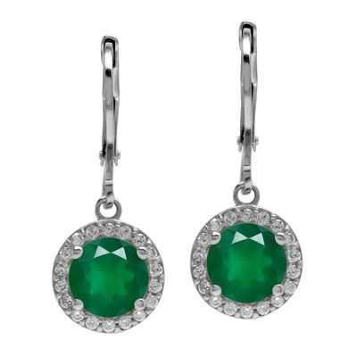 Silvershake 2.32ct. 7mm Natural Round Emerald Green Agate 925 Sterling Silver Halo Leverback Dangle Earrings