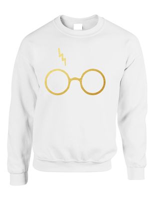 ALLNTRENDS Adult Sweatshirt Harry Glasses Scar Gold Print Popular Top (M, White Gold)