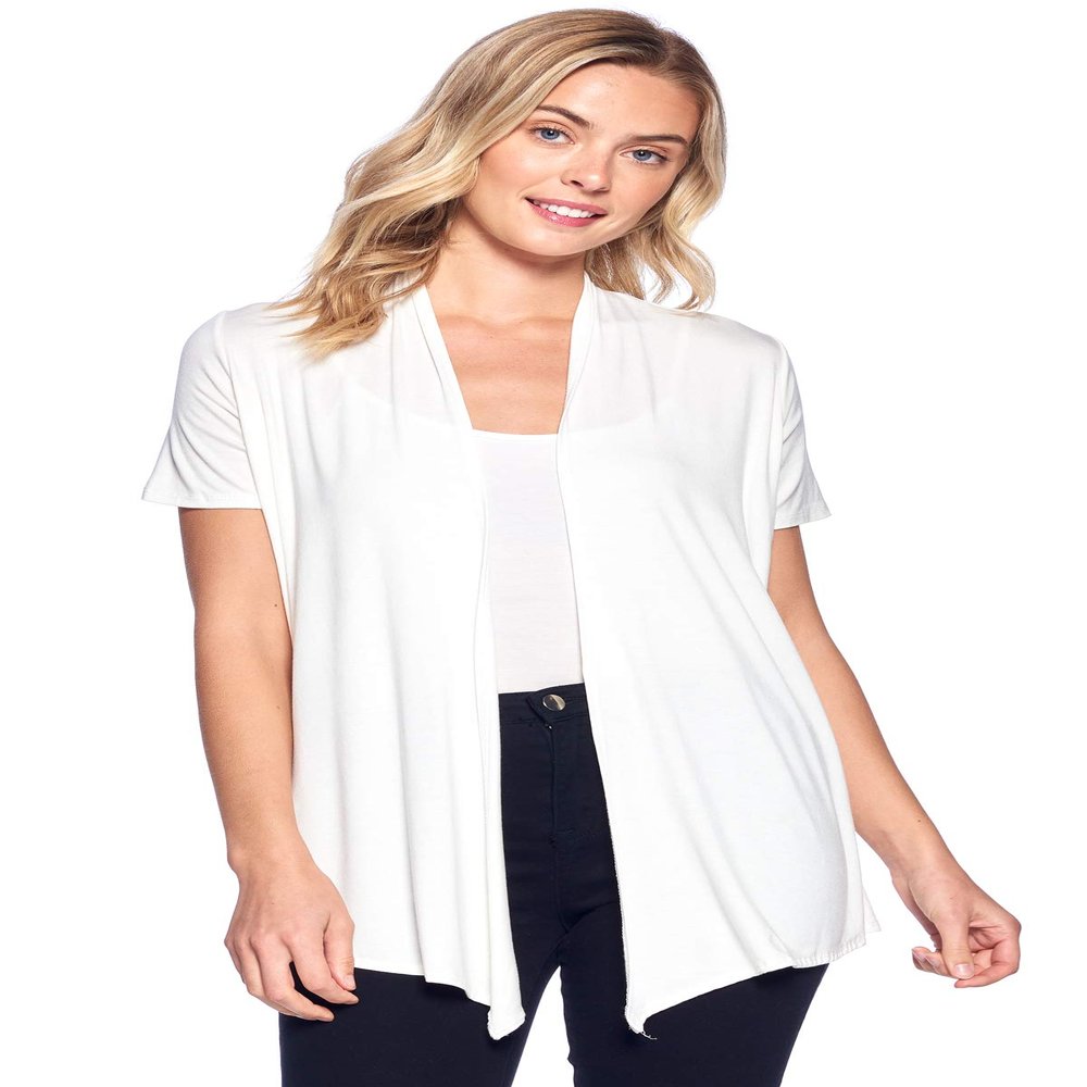 12 Ami Basic Solid Short Sleeve Open Front Cardigan Ivory Large