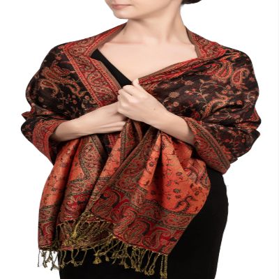 Achillea Soft Silky Reversible Paisley Pashmina Shawl Wrap Scarf w/Fringes (Black Red)