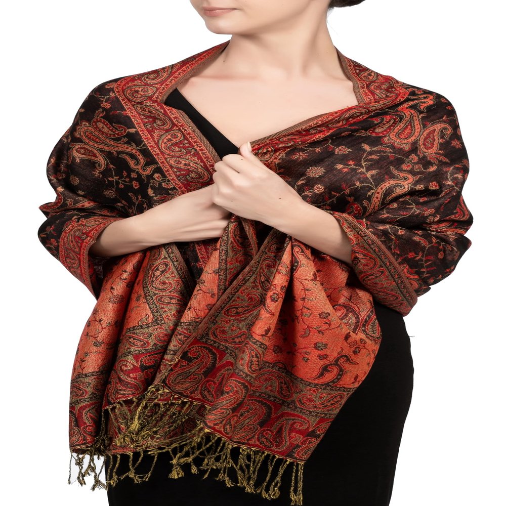 Achillea Soft Silky Reversible Paisley Pashmina Shawl Wrap Scarf w/Fringes (Black Red)