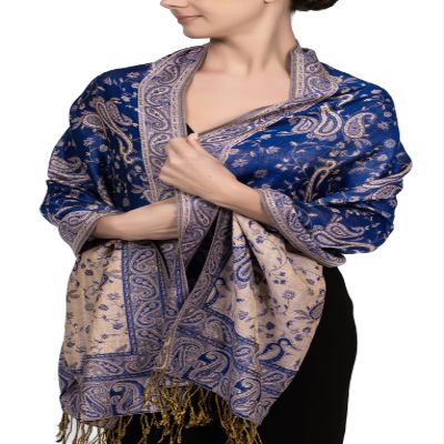 Achillea Soft Silky Reversible Paisley Pashmina Shawl Wrap Scarf w/Fringes (Royal Blue)