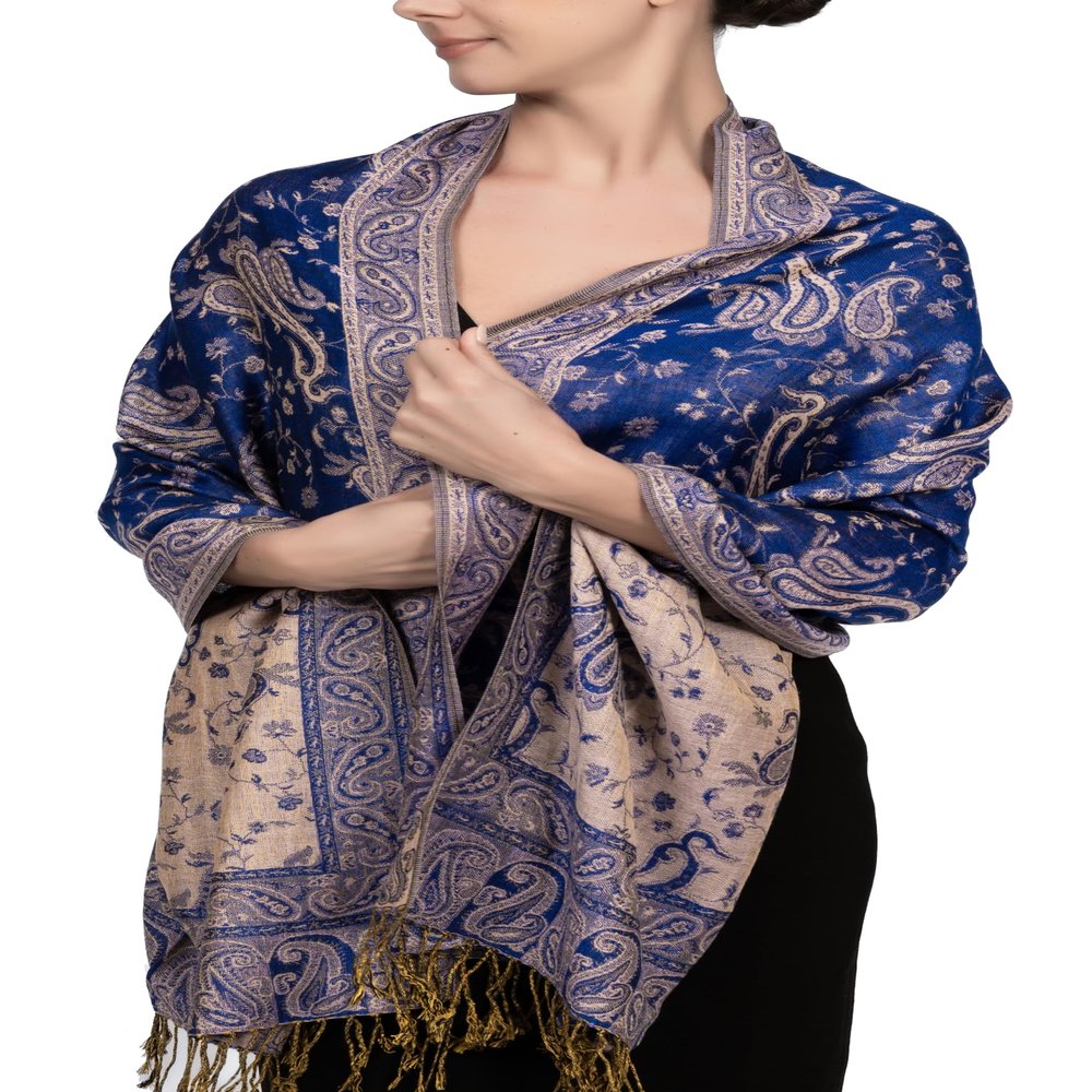 Achillea Soft Silky Reversible Paisley Pashmina Shawl Wrap Scarf w/Fringes (Royal Blue)