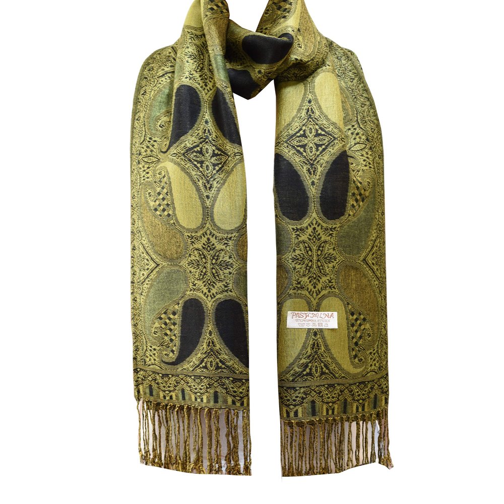Flyingeagle Trade Elegant Paisley Pattern Double Layered Woven Multi-Color Pashmina Silky Shawl Scarf for Women (Green and Black)