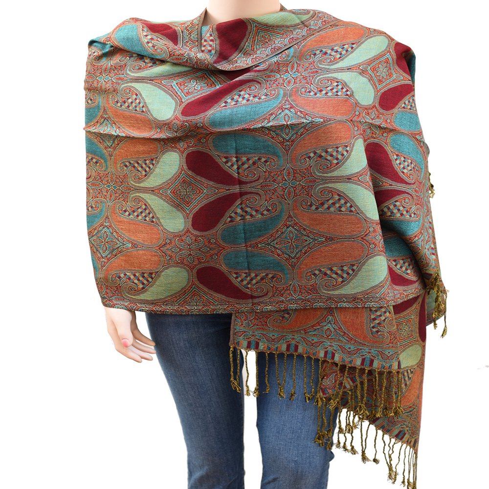 Flyingeagle Trade Elegant Paisley Pattern Double Layered Woven Multi-Color Pashmina Silky Shawl Scarf for Women (Dark Red Teal and Green)