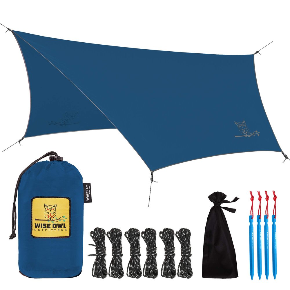 Wise Owl Outfitters Hammock Rain Fly  Waterproof Camping Tarp Cover with Tent Stakes & Carry Bag, Ultralight Shelter for Backpacking & Outdoor Shade