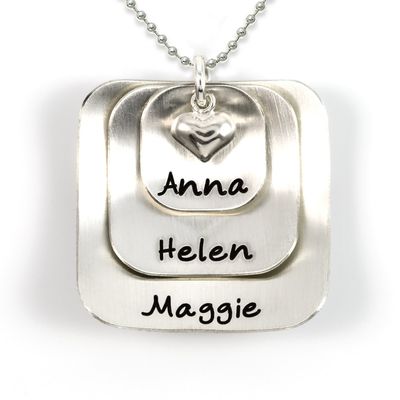 Square Lucky Three Sterling Silver Personalized Necklace Comes with 3 Customizable Charms and a Sterling Silver Heart Charm. Your Choice Of 925 Chain. Gifts for Her, Mother, Grandmother, Wife
