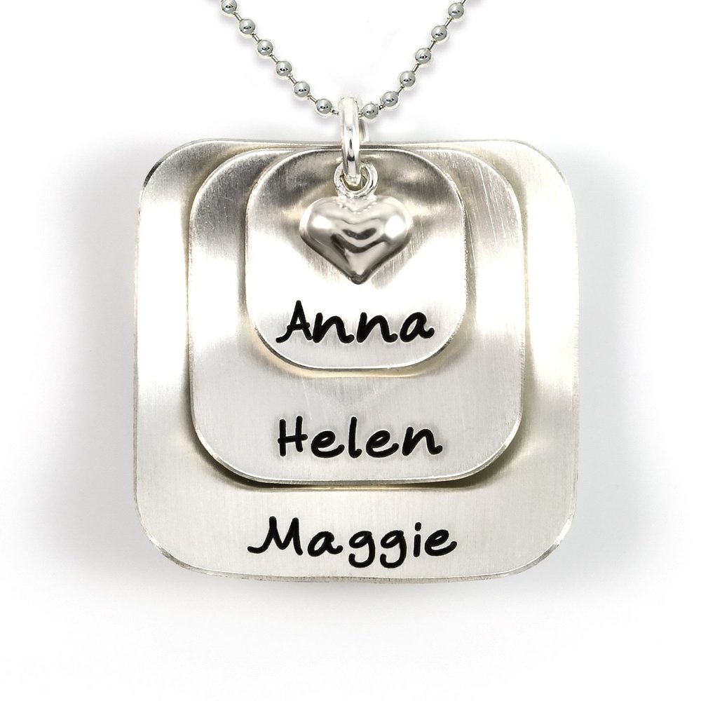 Square Lucky Three Sterling Silver Personalized Necklace Comes with 3 Customizable Charms and a Sterling Silver Heart Charm. Your Choice Of 925 Chain. Gifts for Her, Mother, Grandmother, Wife