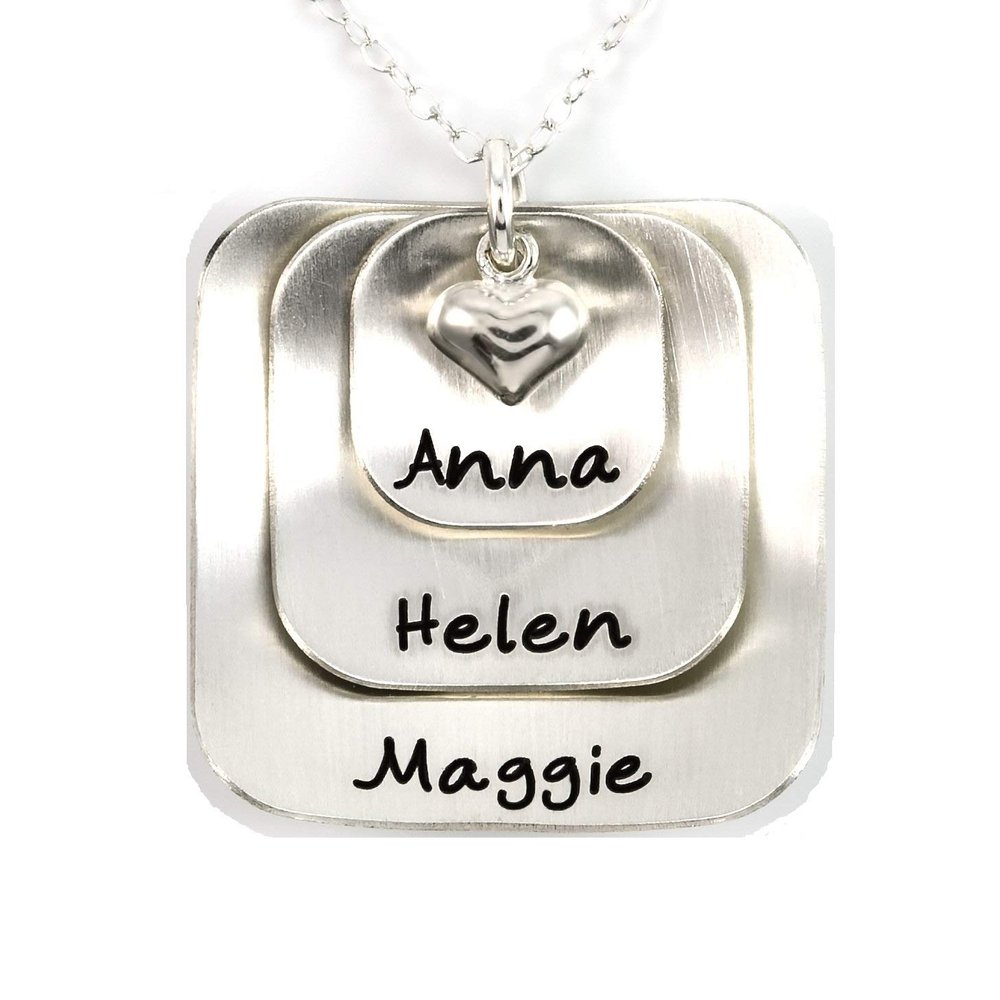 Square Lucky Three Sterling Silver Personalized Necklace Comes with 3 Customizable Charms and a Sterling Silver Heart Charm. Your Choice Of 925 Chain. Gifts for Her, Mother, Grandmother, Wife