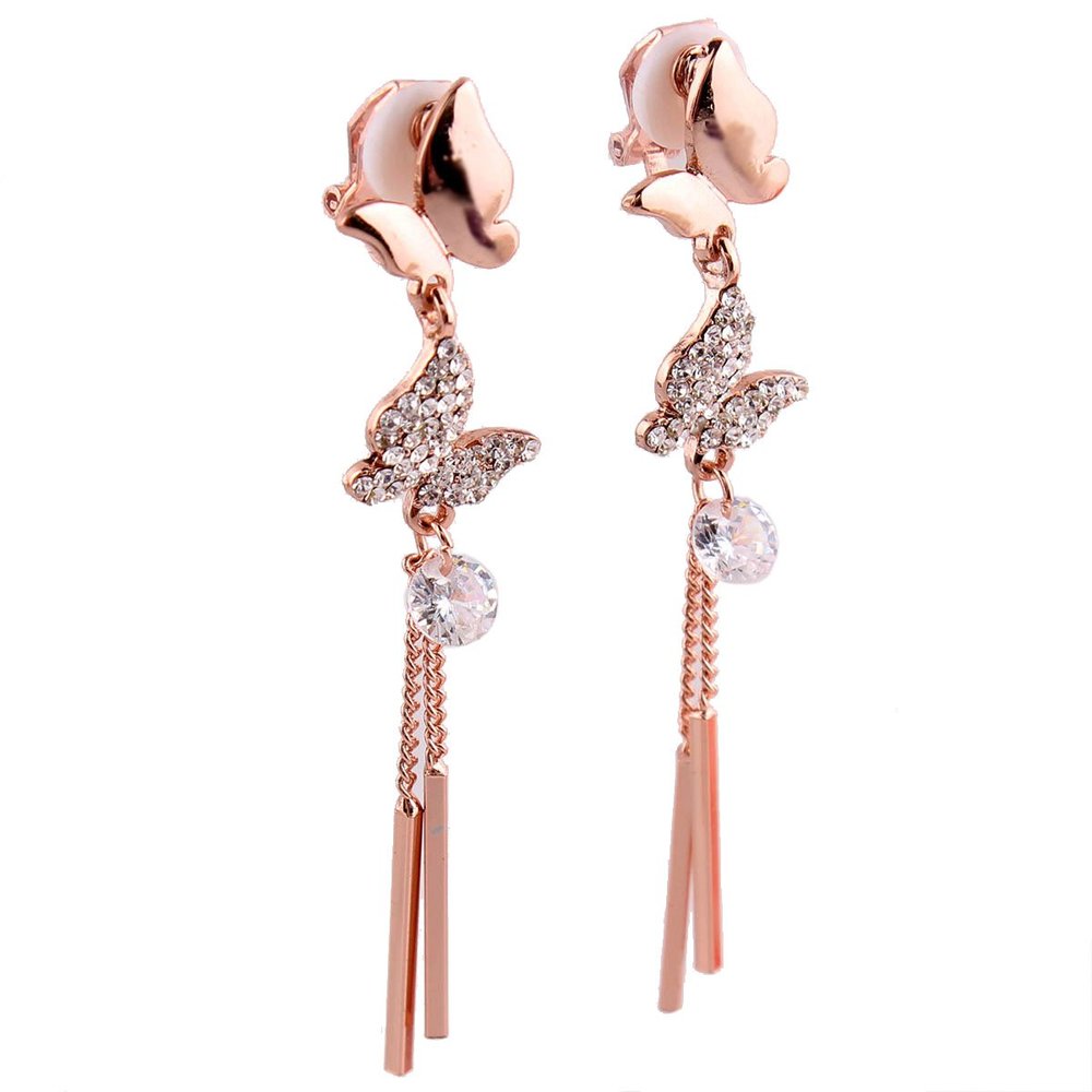 Grace Jun Fashion AAA CZ Butterfly Clip on Earrings No Pierced for Women (Rose gold plated ear clip)