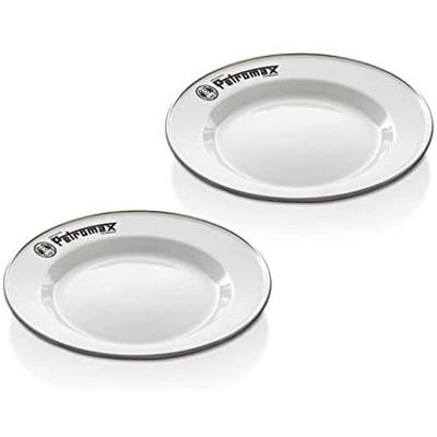 Petromax Enamelware Dinnerware Plates, Traditional Lightweight Enameled Steel Tableware for Kitchen and Camping, 2 Pack for Hot or Cold Food, 8.6 inch, White