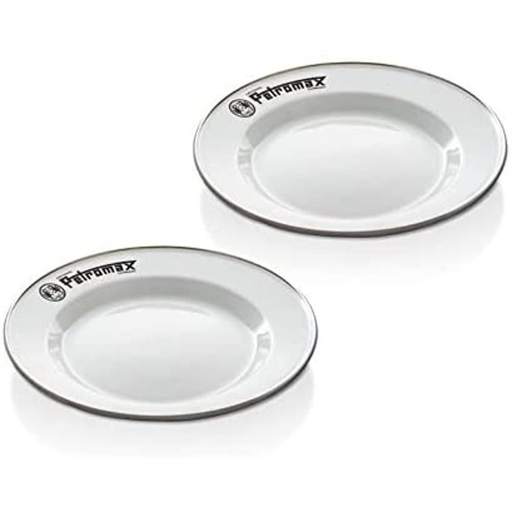 Petromax Enamelware Dinnerware Plates, Traditional Lightweight Enameled Steel Tableware for Kitchen and Camping, 2 Pack for Hot or Cold Food, 8.6 inch, White