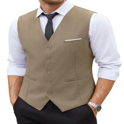 COOFANDY Men's V-Neck Suit Vests Formal Dress Waistcoat Casual Vest for Jacket or Dress,Camel,Large