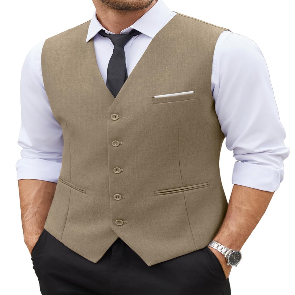 COOFANDY Men's V-Neck Suit Vests Formal Dress Waistcoat Casual Vest for Jacket or Dress,Camel,Large