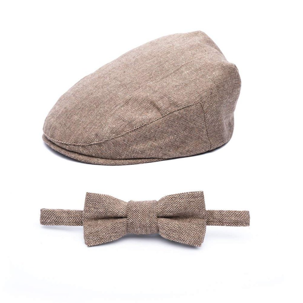 Born to Love Baby Boys Hat Vintage Driver Cap, Tan with Bow, 12-18 Months