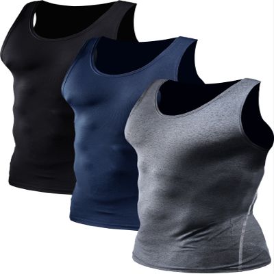 NELEUS Men's 3 Pack Compression Shirts Athletic Dry Fit Tank Top,Black,Grey,Navy Blue,M,EUR L