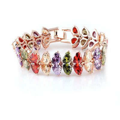 Butterfly White Gold and Rose Gold Plated Colorful Cluster Women Bracelet with Cubic Zirconia, Jewelry for Women, Gift for Her (Multicolor)