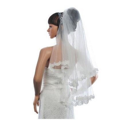 2 Tiers Elegant Wedding Bridal Lace Veil with Simple Design 150CM Ivory White Color
