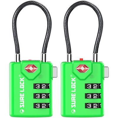 SURE LOCK TSA Approved Combination Luggage Locks with Open Alert Indicator Durable Zinc Alloy Cable Travel Locks with Large Easy-Read Dials for Suitcases, Backpacks & Gym Bags Green 2 Pack
