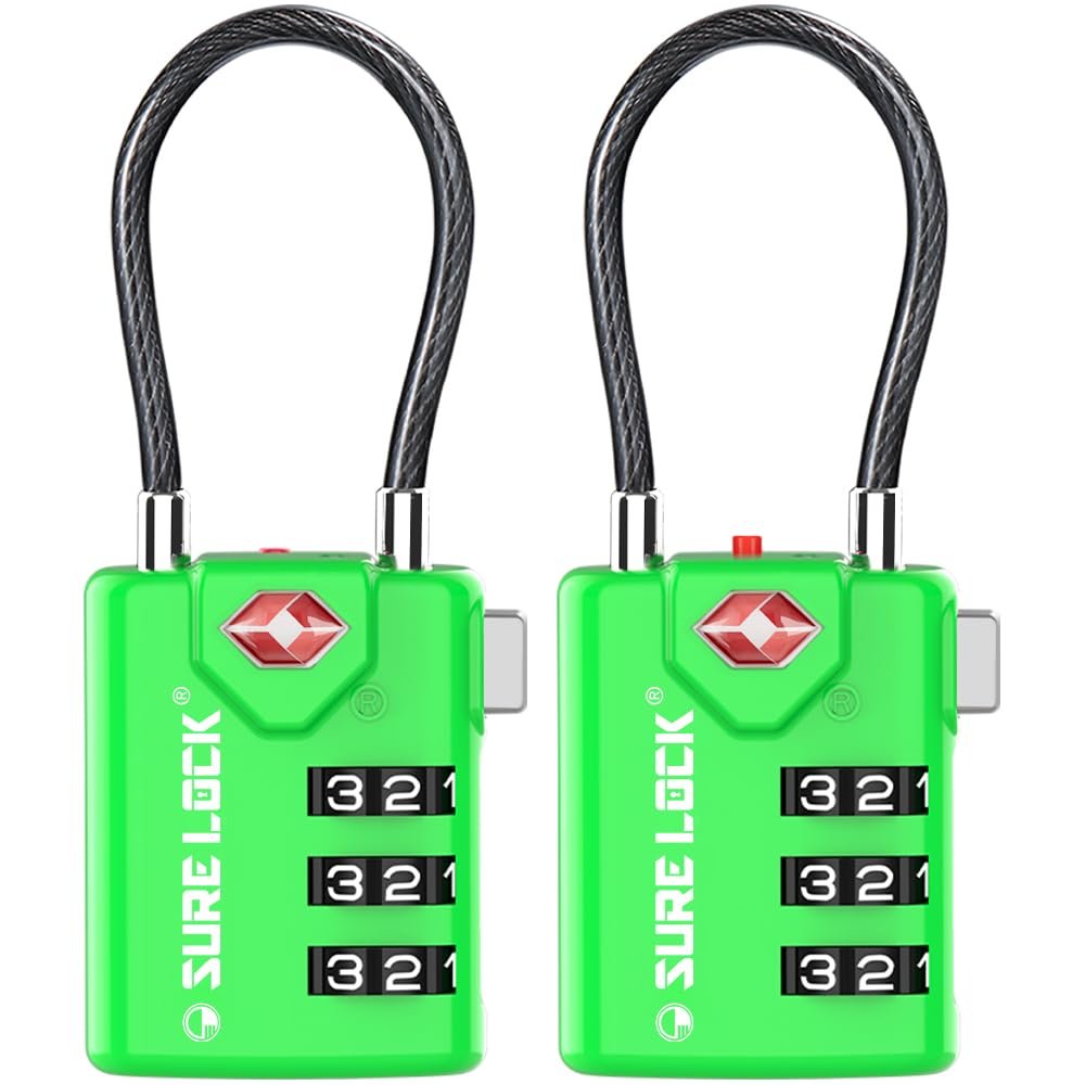 SURE LOCK TSA Approved Combination Luggage Locks with Open Alert Indicator  Durable Zinc Alloy Cable Travel Locks with Large Easy-Read Dials for Suitcases, Backpacks & Gym Bags Green 2 Pack
