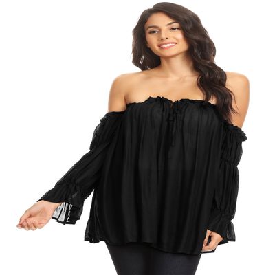 Anna-Kaci Womens Semi Sheer Boho Peasant Long Sleeve Off The Shoulder Top, Black, X-Large
