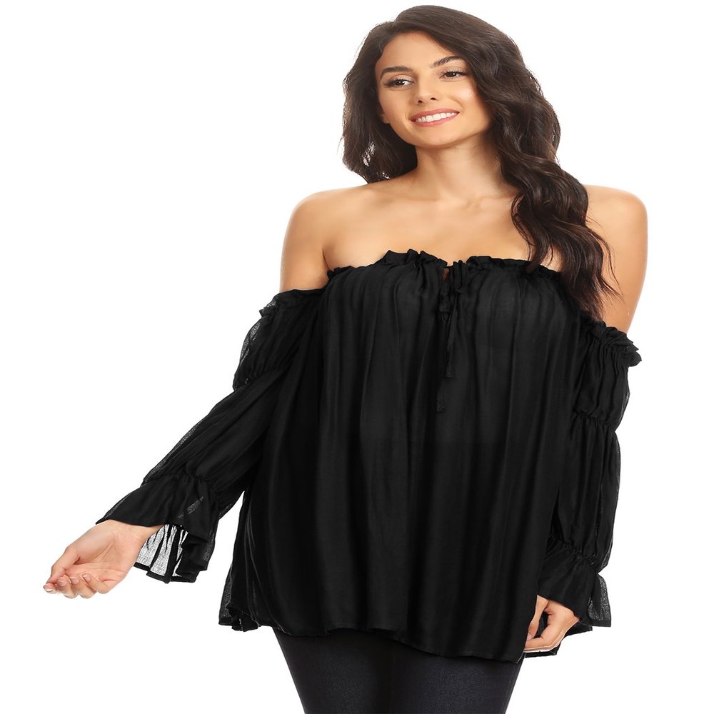 Anna-Kaci Womens Semi Sheer Boho Peasant Long Sleeve Off The Shoulder Top, Black, X-Large