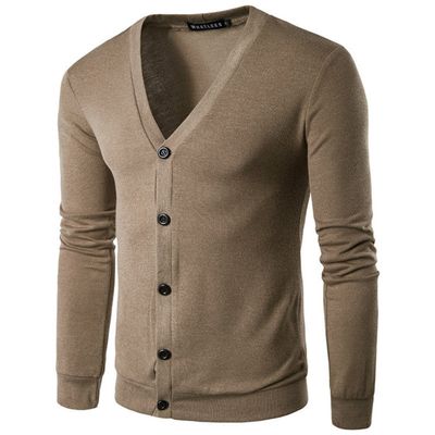 2017 Spring Summer New Men's Casual Sweater City Fashion V Collar Long Sleeved Cardigan Single-Breasted Sweater Coffee
