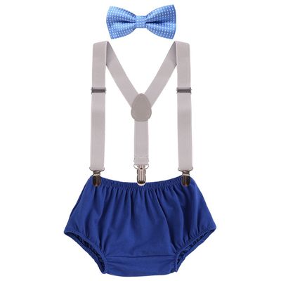 IBTOM CASTLE Baby Boys Adjustable Y Back Clip Suspenders Outfit First Birthday Bloomers Bowtie set Sky Blue + Navy