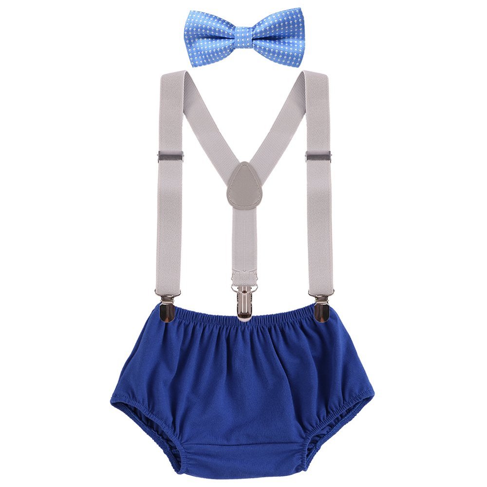 IBTOM CASTLE Baby Boys Adjustable Y Back Clip Suspenders Outfit First Birthday Bloomers Bowtie set Sky Blue + Navy