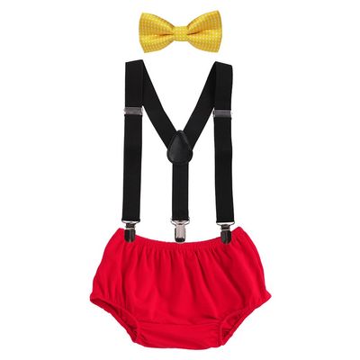 IBTOM CASTLE Baby Boys Adjustable Y Back Clip Suspenders Outfit First Birthday Bloomers Bowtie set Yellow + Black + Red
