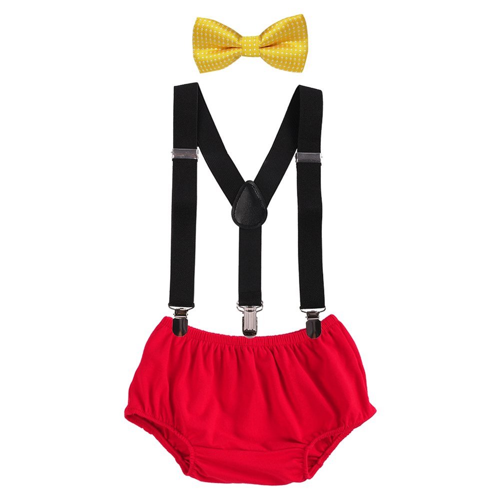 IBTOM CASTLE Baby Boys Adjustable Y Back Clip Suspenders Outfit First Birthday Bloomers Bowtie set Yellow + Black + Red