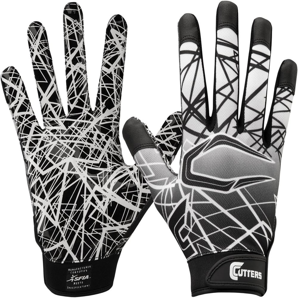 Cutters Football Gloves - Game Day Football Receiver Gloves with High Tack Silicone Grip, Superior Support and Protection - Black and White - Youth-Small