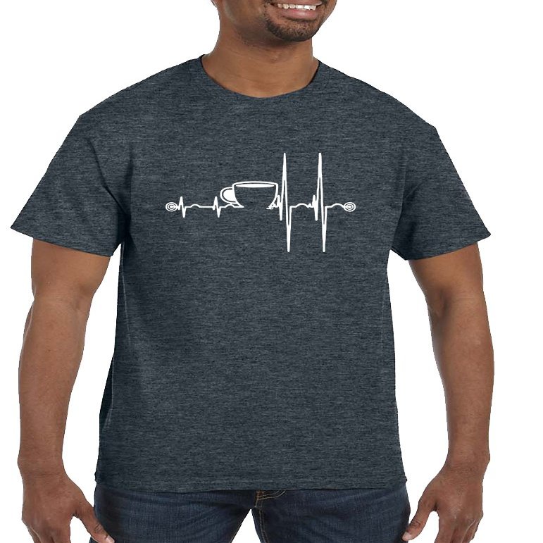ALLNTRENDS Men's T Shirt Coffee Heartbeat Coffee Lovers Funny Shirt (L, Heather Black)