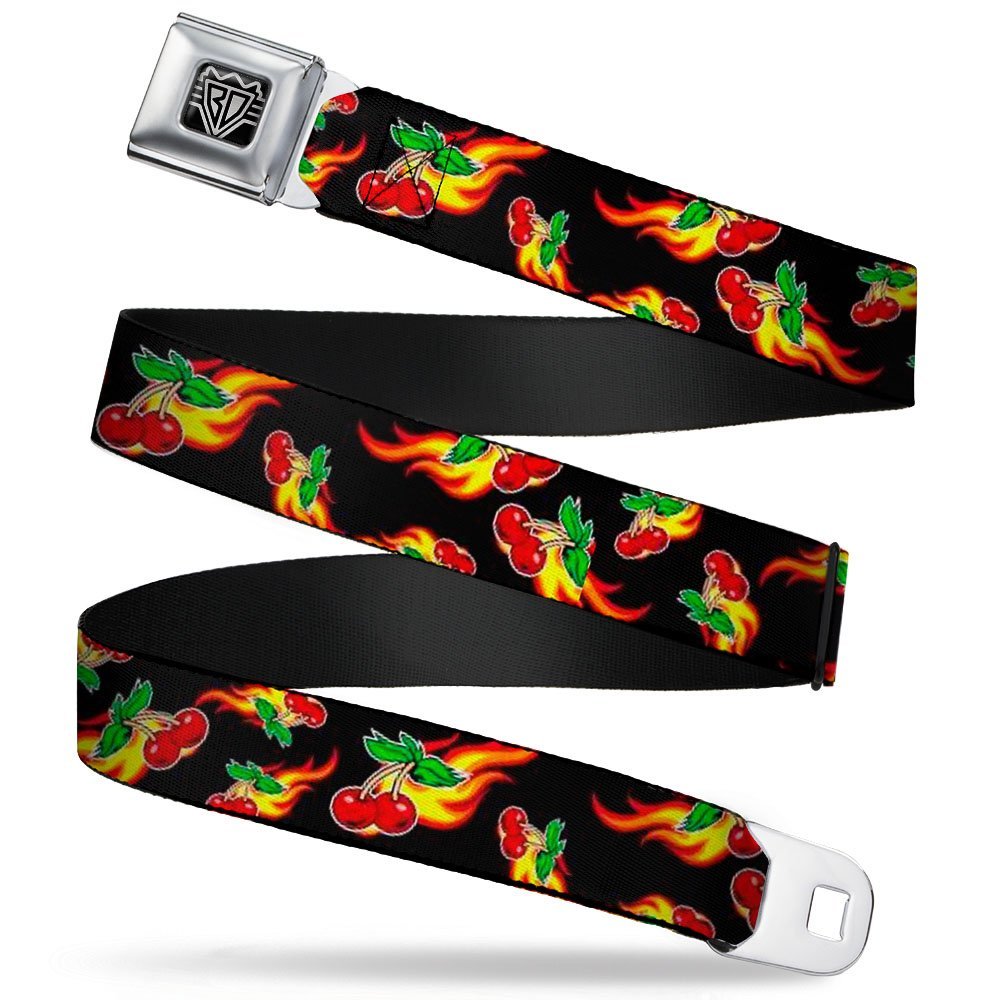 Buckle-Down Seatbelt Belt - Flaming Cherries Scattered Black - 1.0" Wide - 20-36 Inches in Length