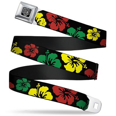 Buckle-Down Seatbelt Belt - Hibiscus C/U Black/Green/Yellow/Red - 1.0" Wide - 20-36 Inches in Length