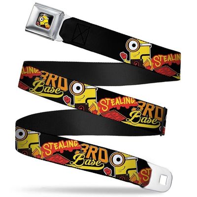 Buckle-Down Seatbelt Belt - Minions Baseball Pose STEALING 3RD BASE Black/Red/Yellow/Orange - 1.5" Wide - 32-52 Inches in Length