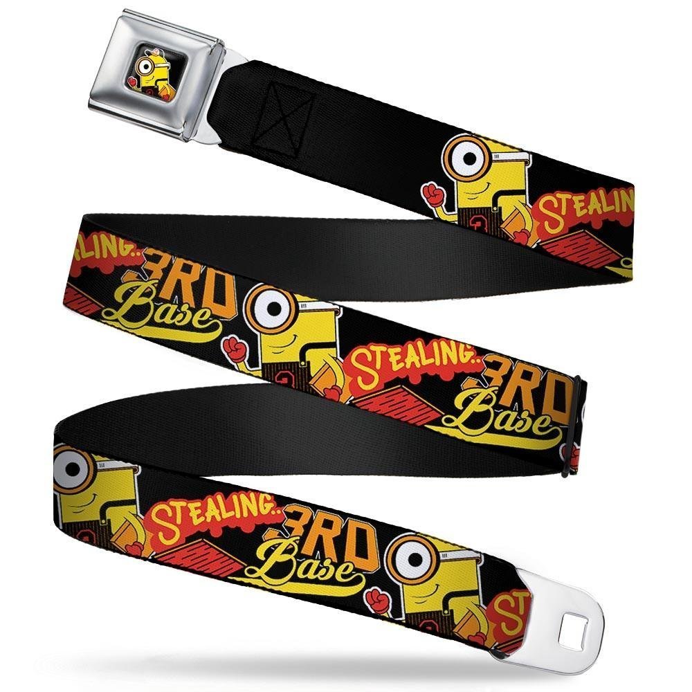Buckle-Down Seatbelt Belt - Minions Baseball Pose STEALING 3RD BASE Black/Red/Yellow/Orange - 1.5" Wide - 32-52 Inches in Length
